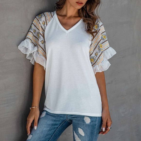 Boho chic ruffle sleeve Print top - white - Picture 3 of 11